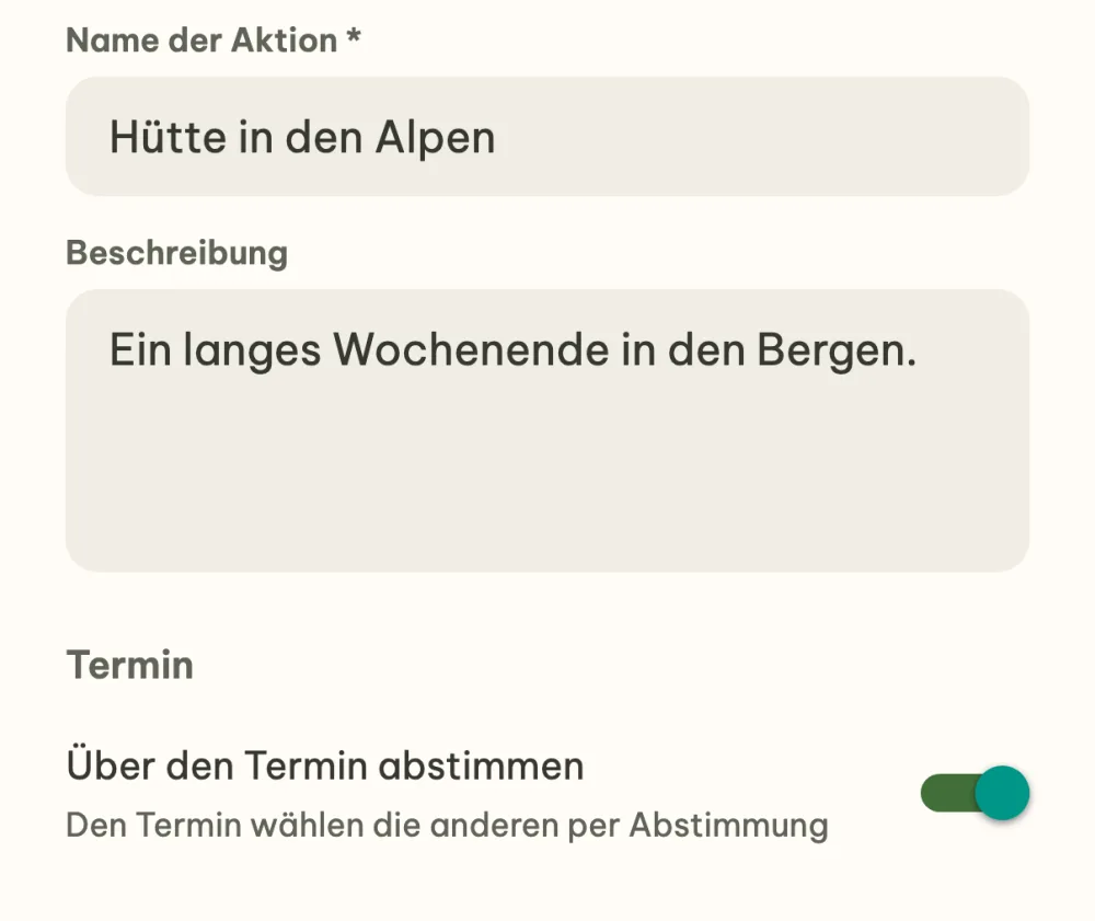 Event Hütte in den Alpen beim Erstellen mit eingeschaltetem Schalter Über den Termin abstimmen