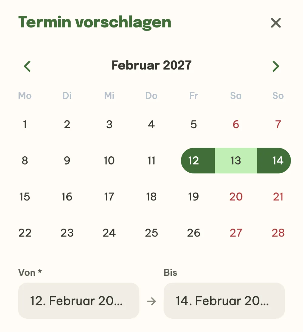 Kalender für den Terminvorschlag mit dem ausgewählten Wochenende vom 12. bis 14. Februar