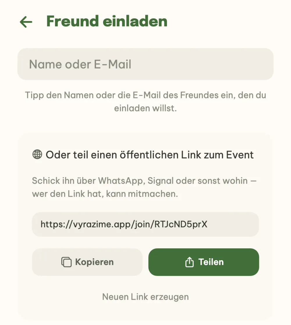Bildschirm zum Einladen von Freunden mit dem öffentlichen Link zum Event