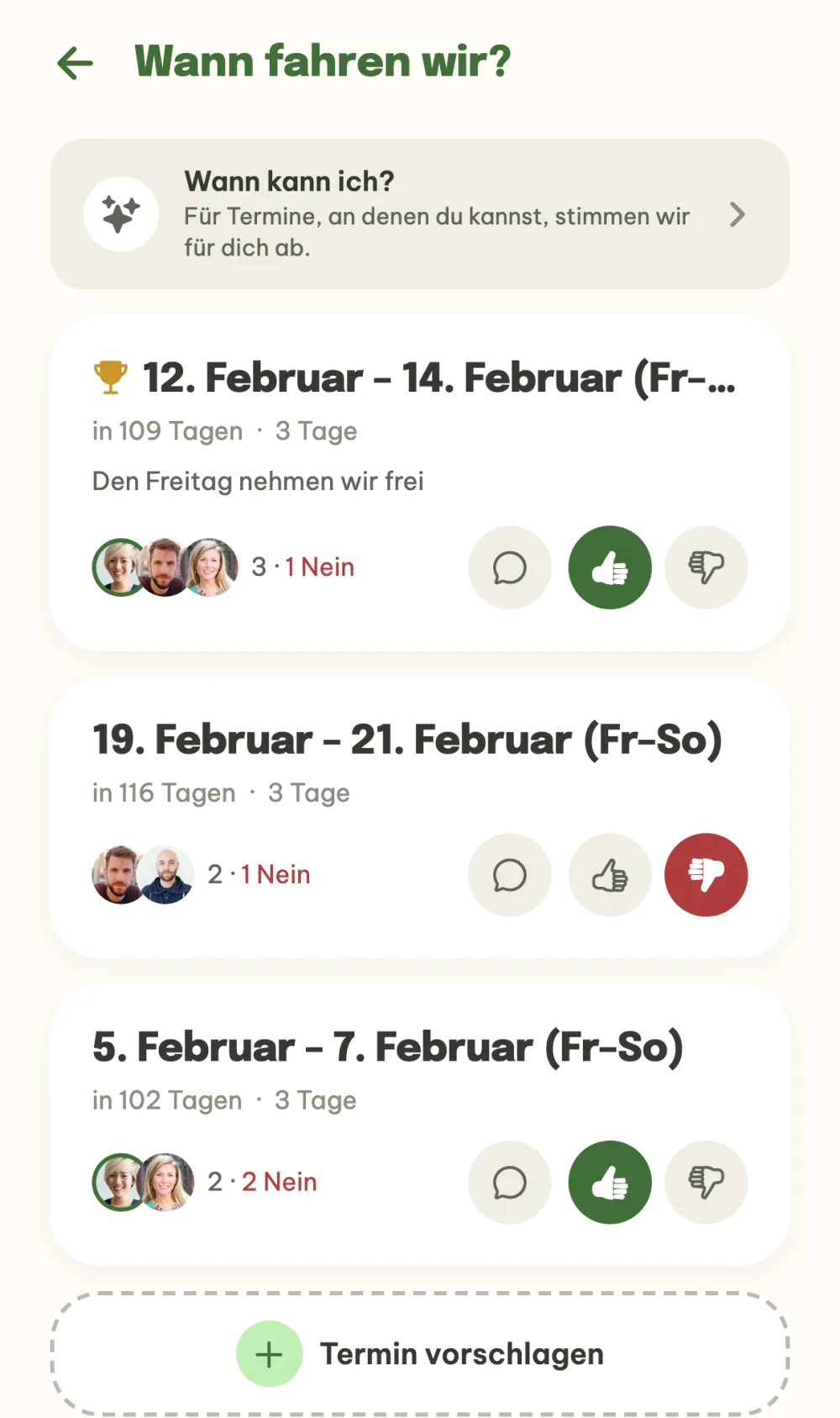 Liste der vorgeschlagenen Termine mit Stimmen und der Leiste Wann kann ich?