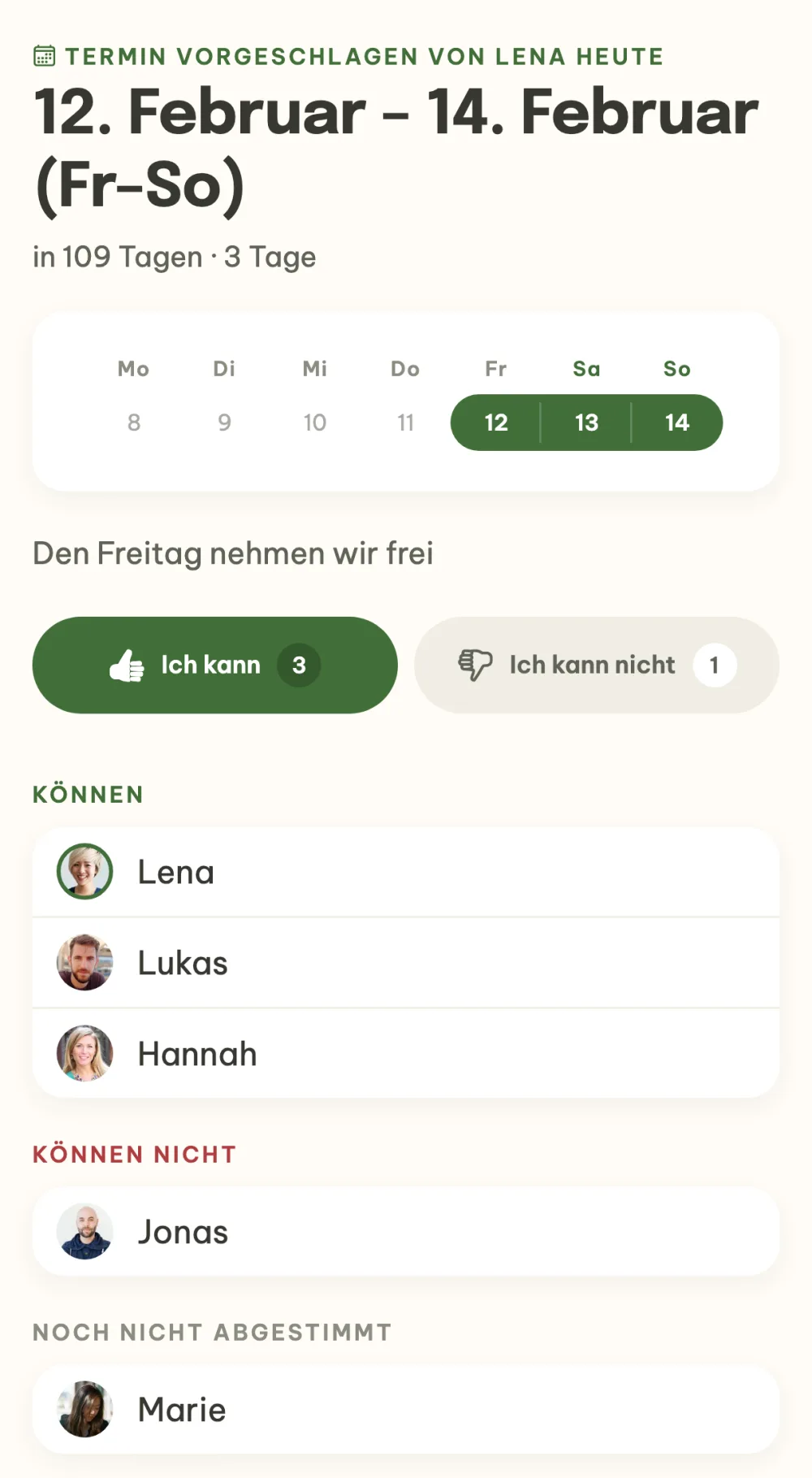 Termindetail mit den Listen Können, Können nicht und Noch nicht abgestimmt