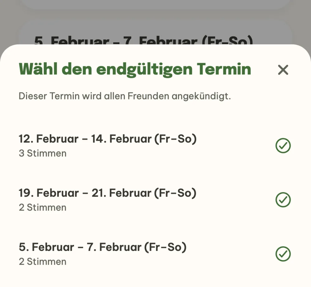 Auswahl des endgültigen Termins mit der Anzahl der Stimmen bei jedem Vorschlag