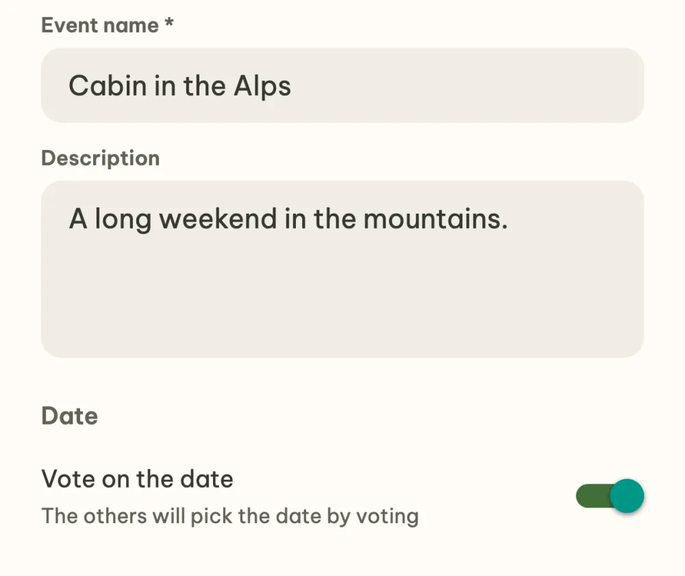 Creating the event Cabin in the Alps with the Vote on the date switch turned on