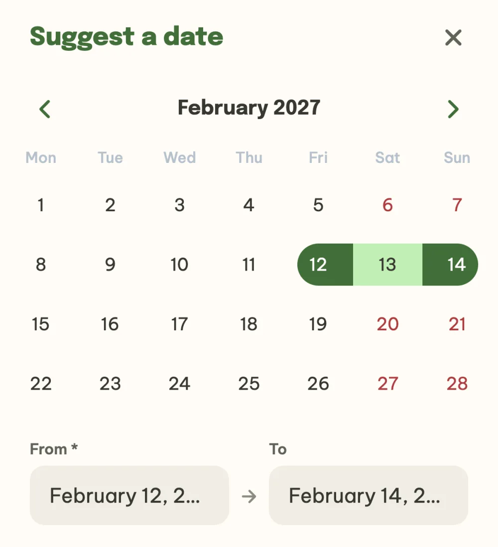 Date suggestion calendar with the weekend from 12 to 14 February selected