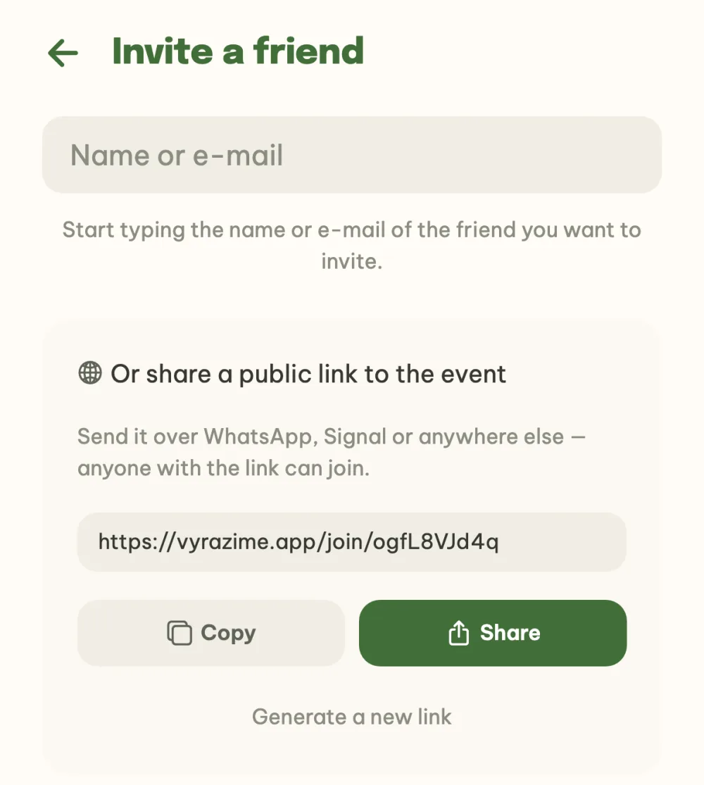 Invite friends screen with the public link to the event