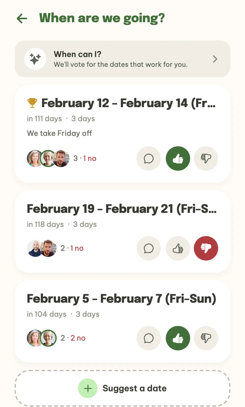 List of suggested dates with votes and the When can I? bar
