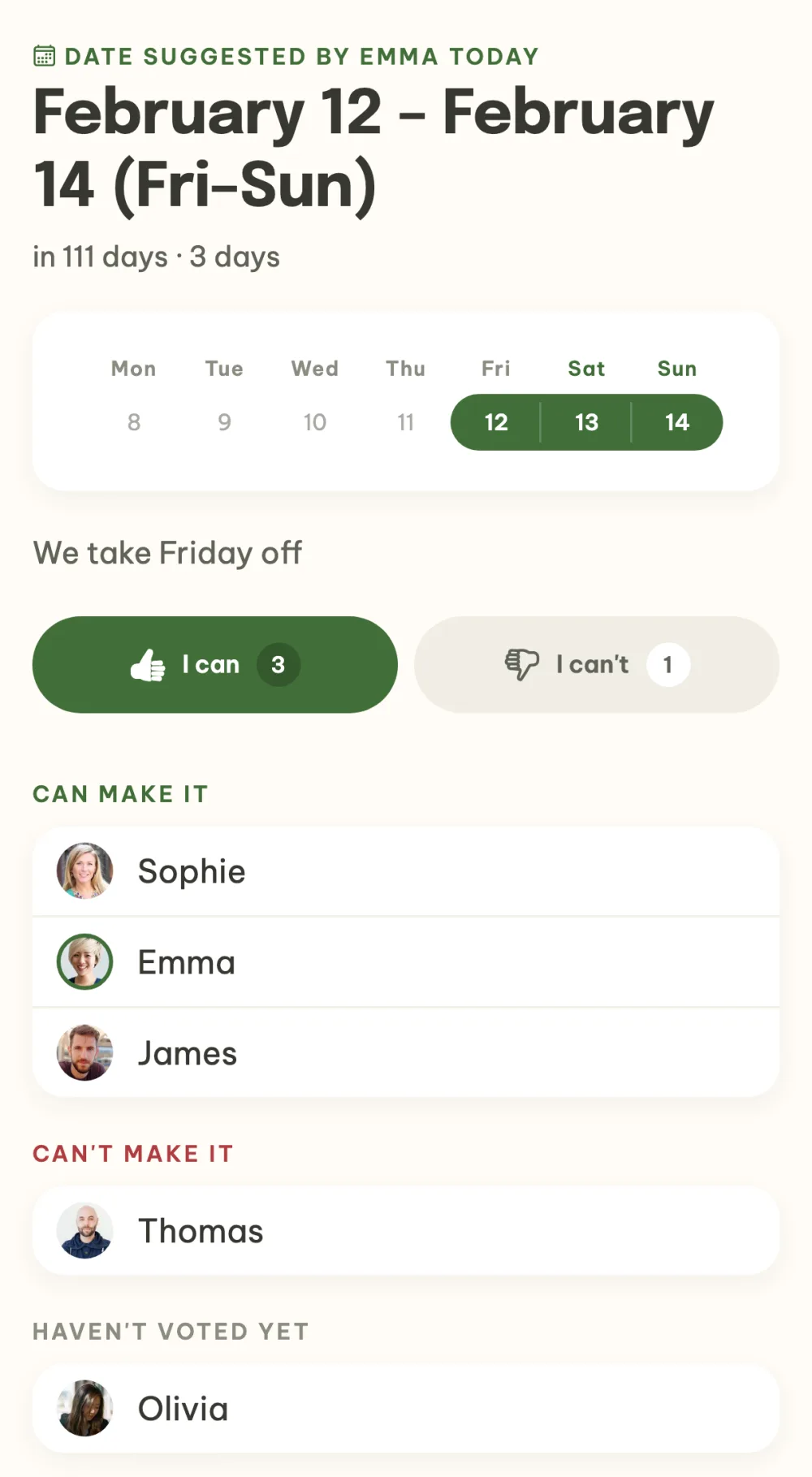 Date details with the Can make it, Can't make it and Haven't voted yet lists