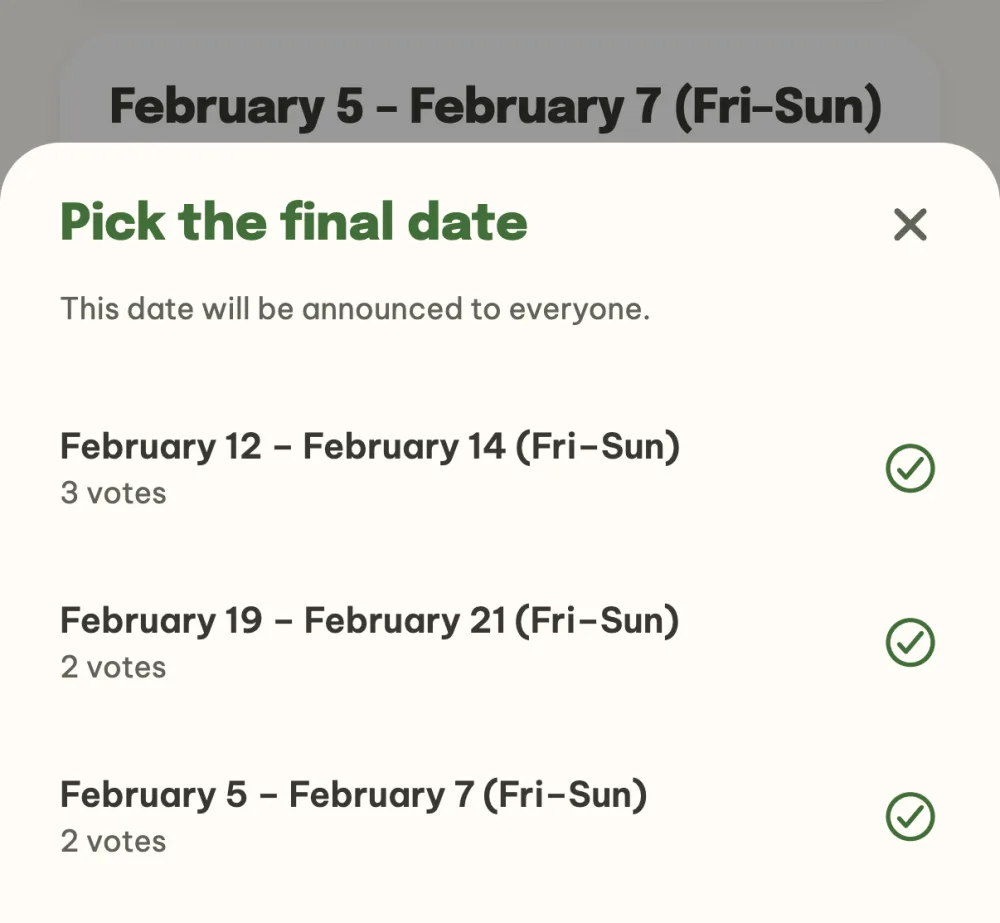 Picking the final date with the number of votes for each suggestion
