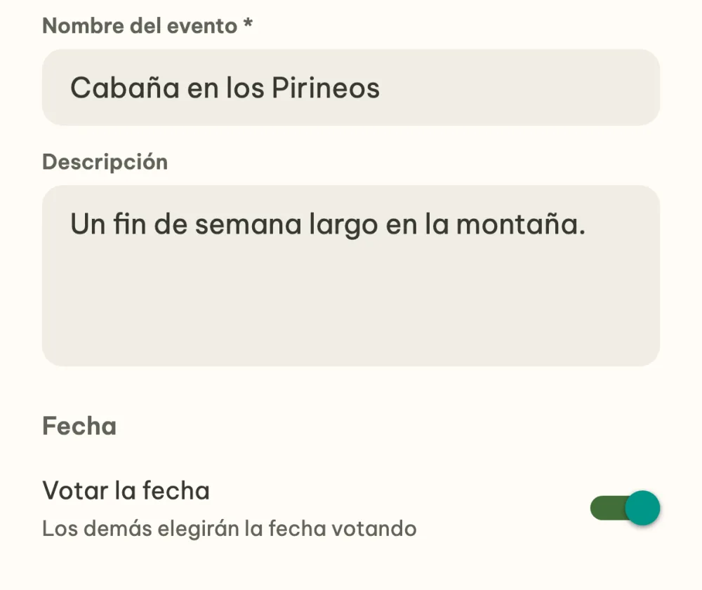 Creación del evento Cabaña en los Pirineos con el interruptor Votar la fecha activado