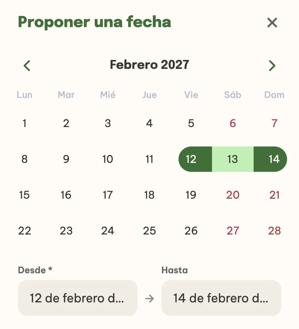 Calendario de propuesta de fecha con el fin de semana del 12 al 14 de febrero seleccionado