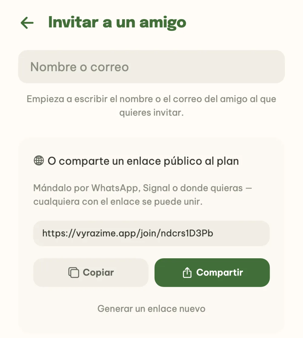 Pantalla para invitar a amigos con el enlace público al evento