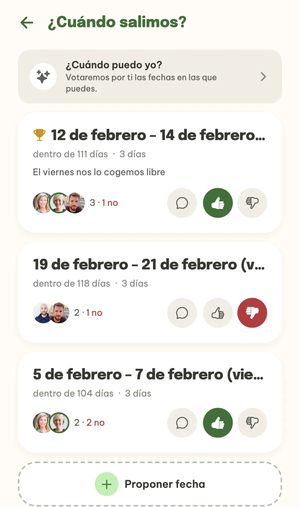 Lista de fechas propuestas con votos y la barra ¿Cuándo puedo yo?