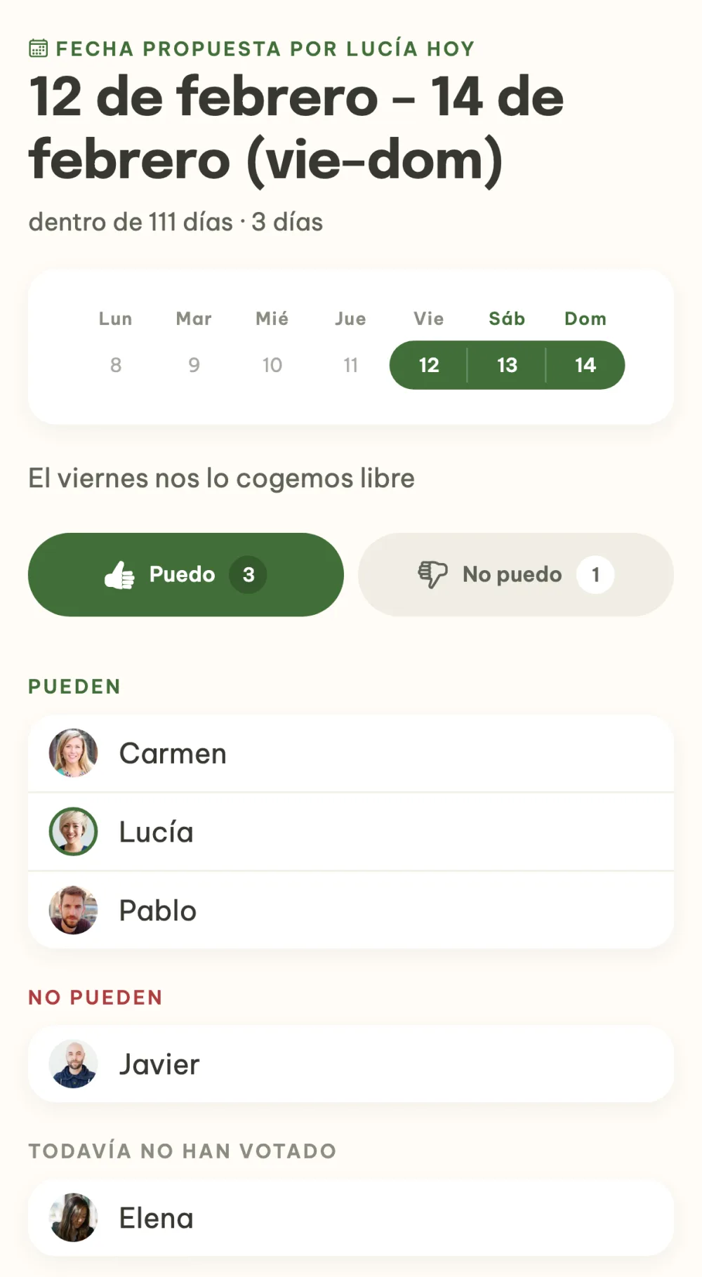 Detalle de la fecha con las listas Pueden, No pueden y Todavía no han votado