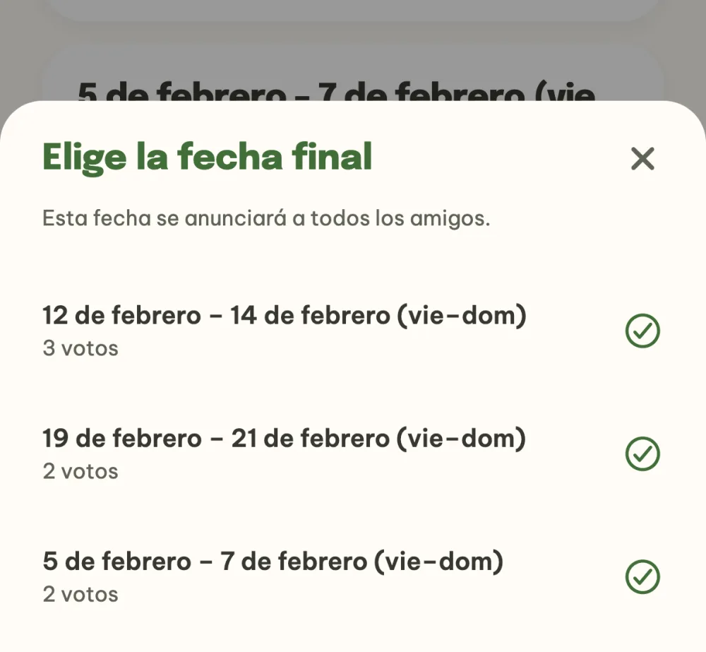 Elección de la fecha final con el número de votos de cada propuesta