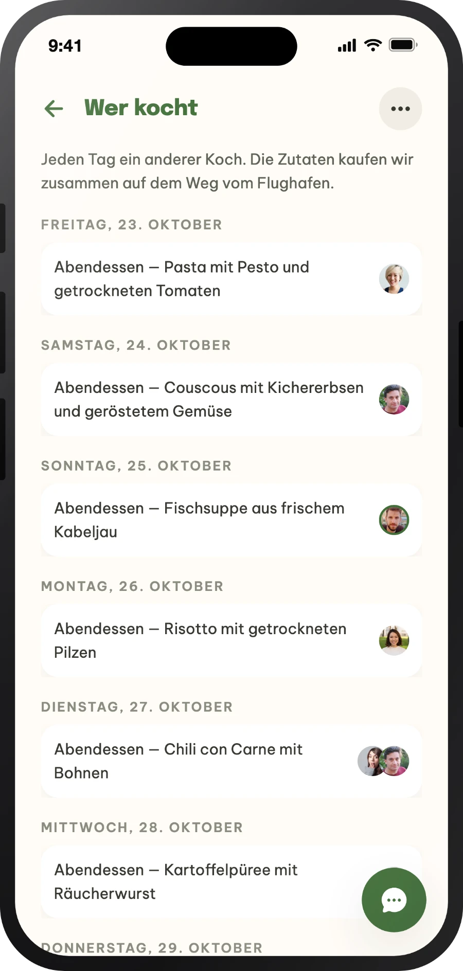 Plan, wer an welchem Tag kocht