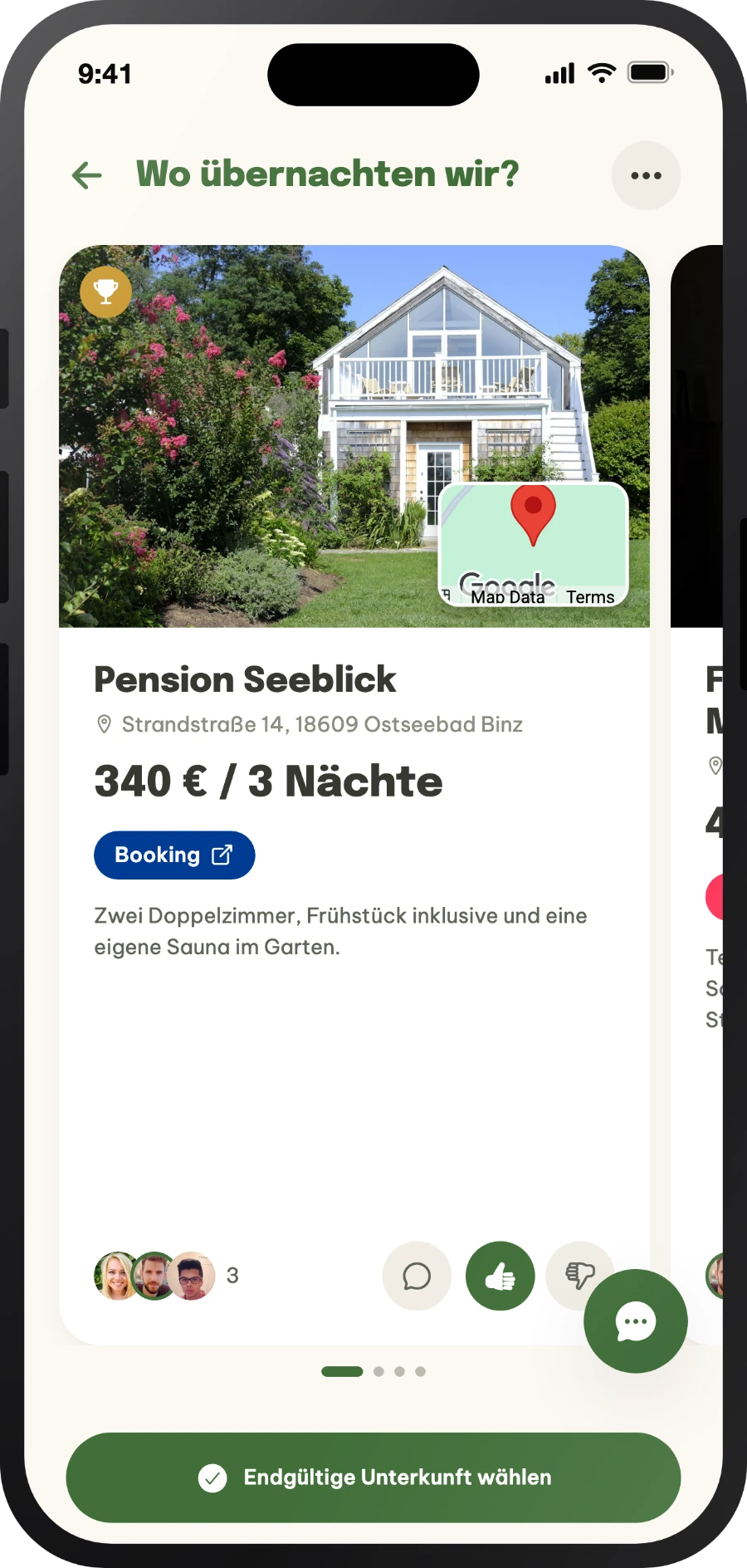 Abstimmung über Unterkünfte mit Preisen