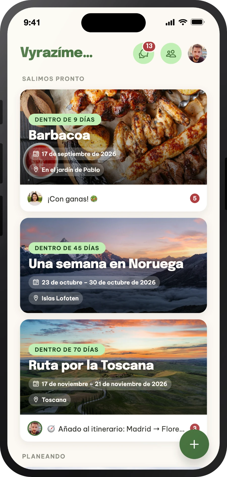 Lista de eventos en la app Vyrazíme