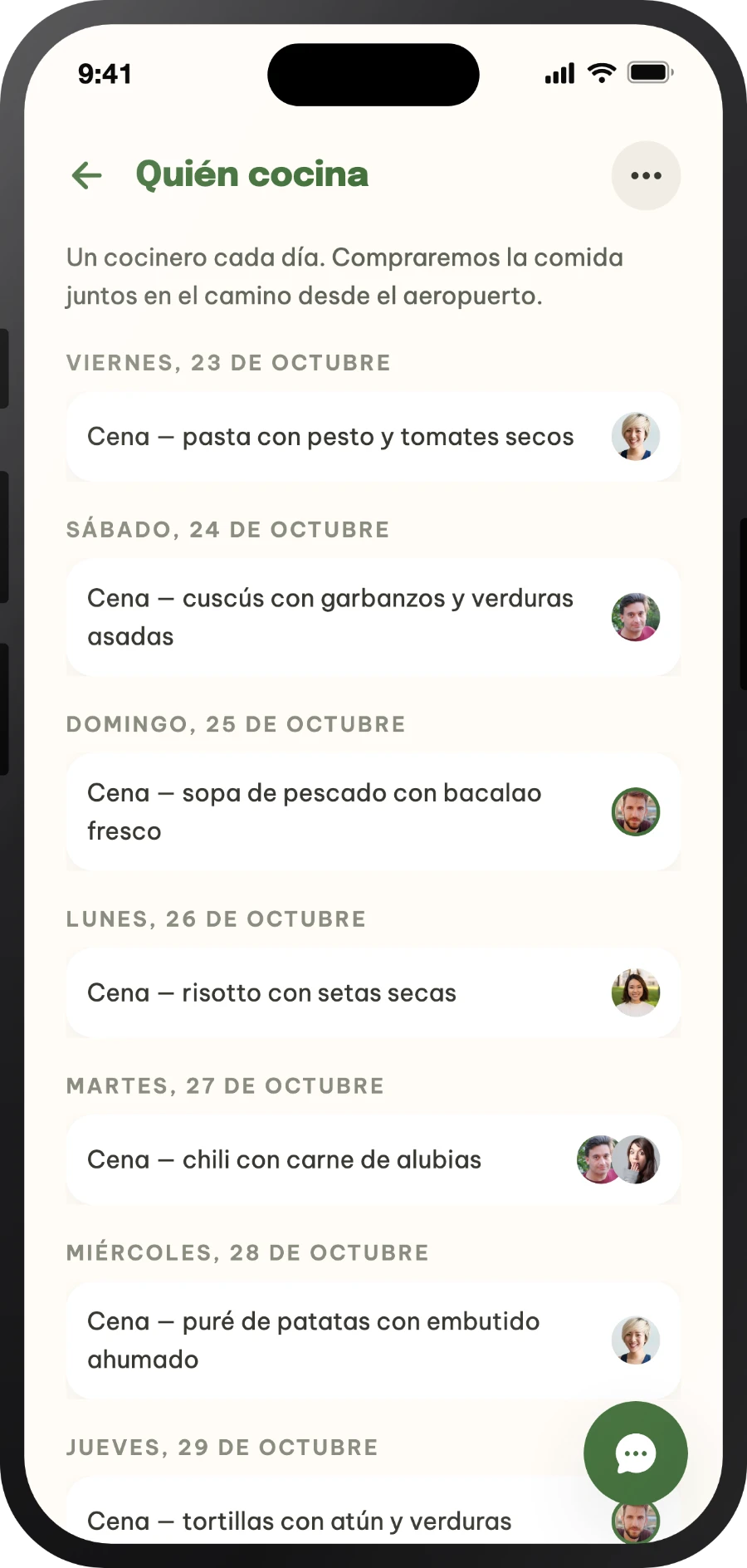 Cuadrante de quién cocina cada día