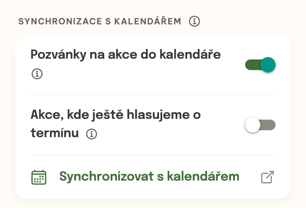 Synchronizace s kalendářem s přepínači a tlačítkem Synchronizovat s kalendářem