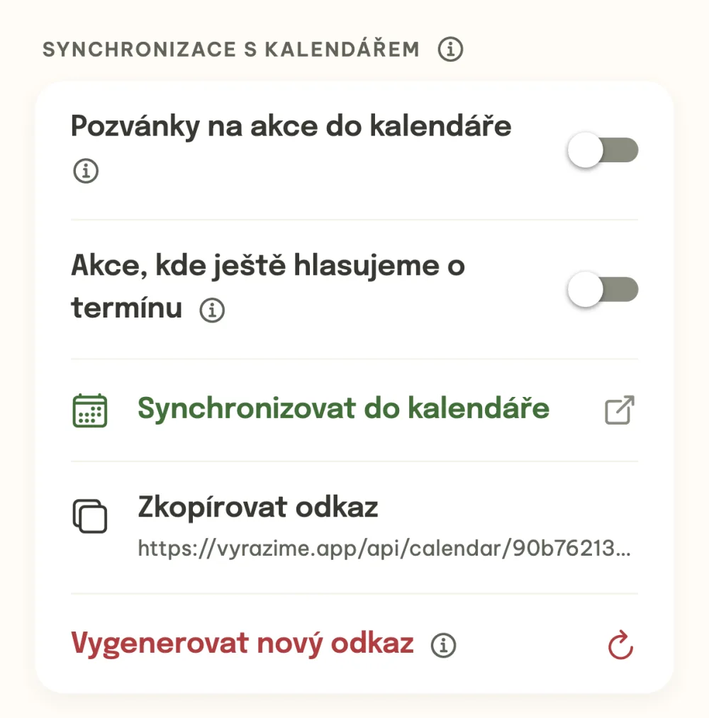 Zapnutá synchronizace se Zkopírovat odkaz a Vygenerovat nový odkaz