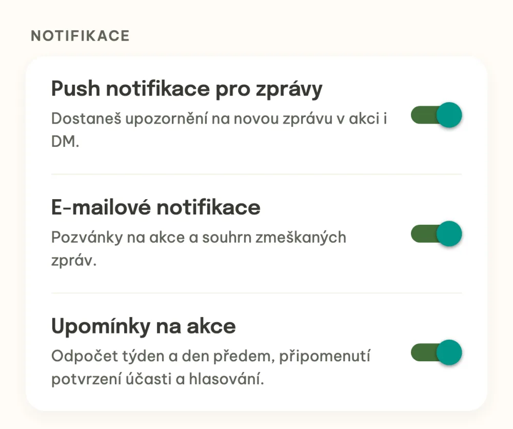 Notifikace s push notifikacemi, e-mailem a upomínkami na akce