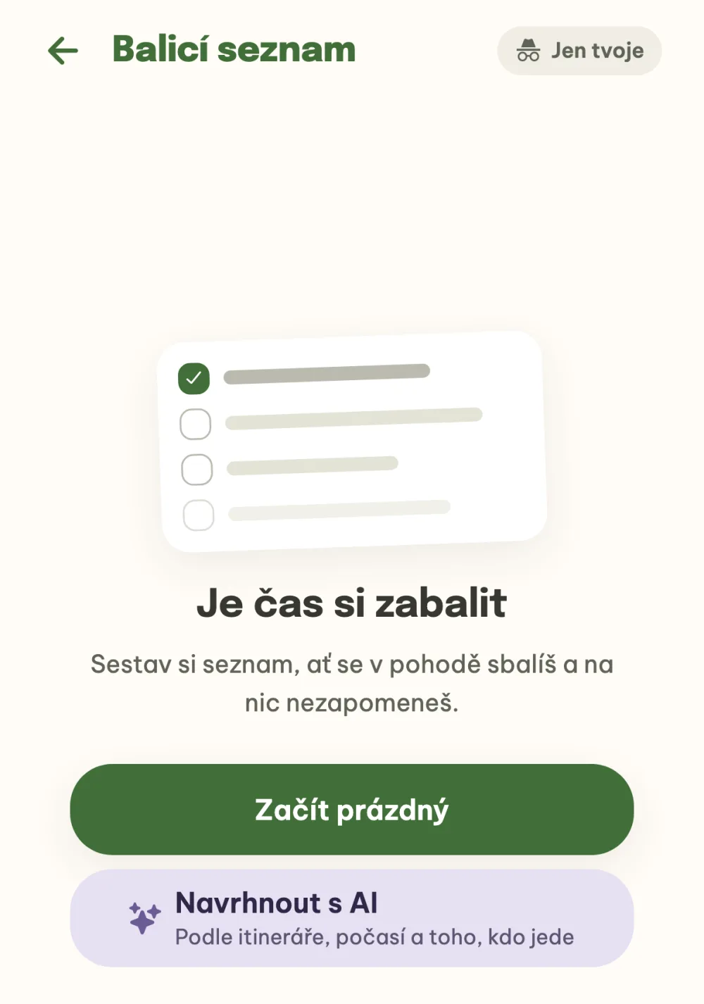 Prázdný balicí seznam s tlačítky Začít prázdný a Navrhnout s AI