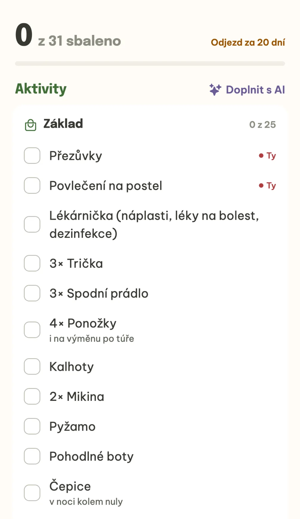 Vygenerovaný balicí seznam s přihrádkou Základ, počty kusů a důvody u věcí