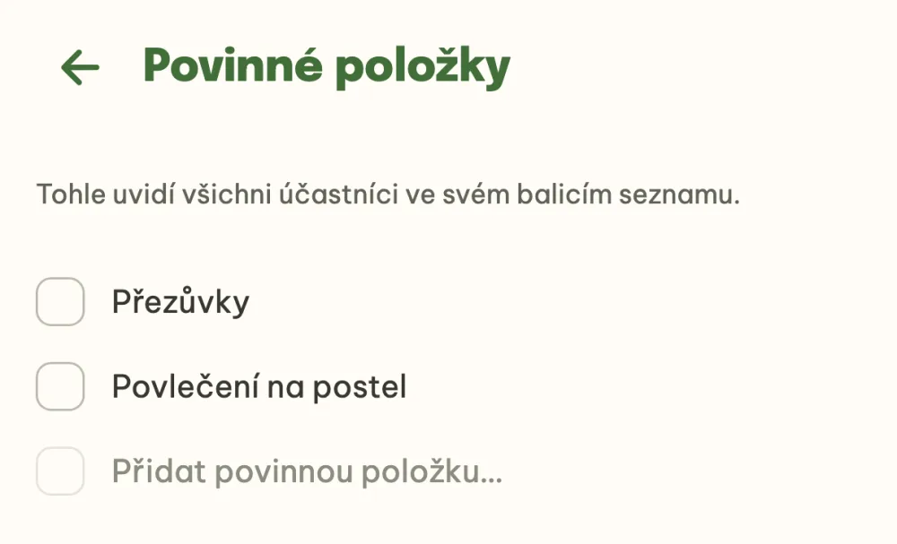 Povinné položky Přezůvky a Povlečení na postel, které uvidí všichni účastníci