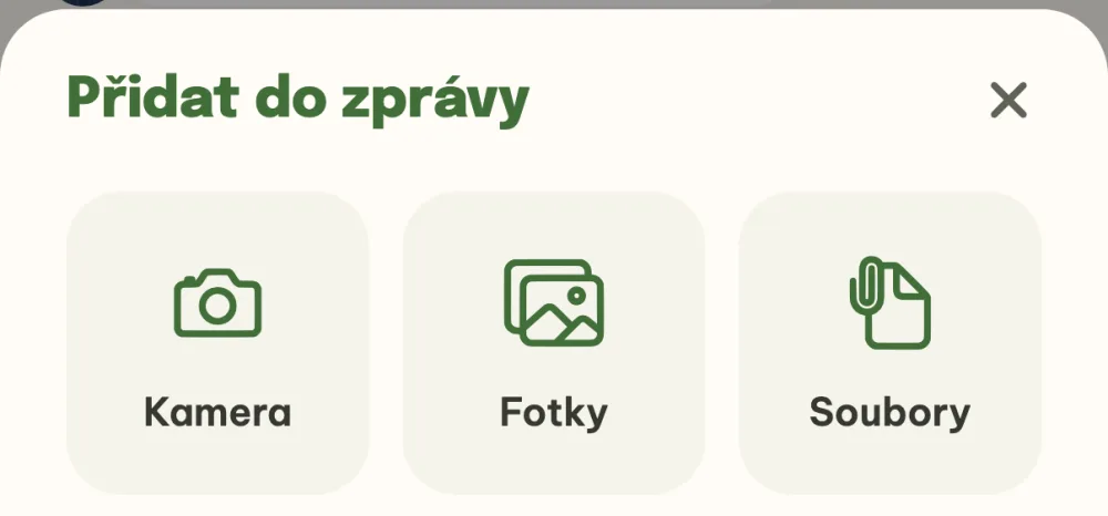 Okno Přidat do zprávy s volbami Kamera, Fotky a Soubory