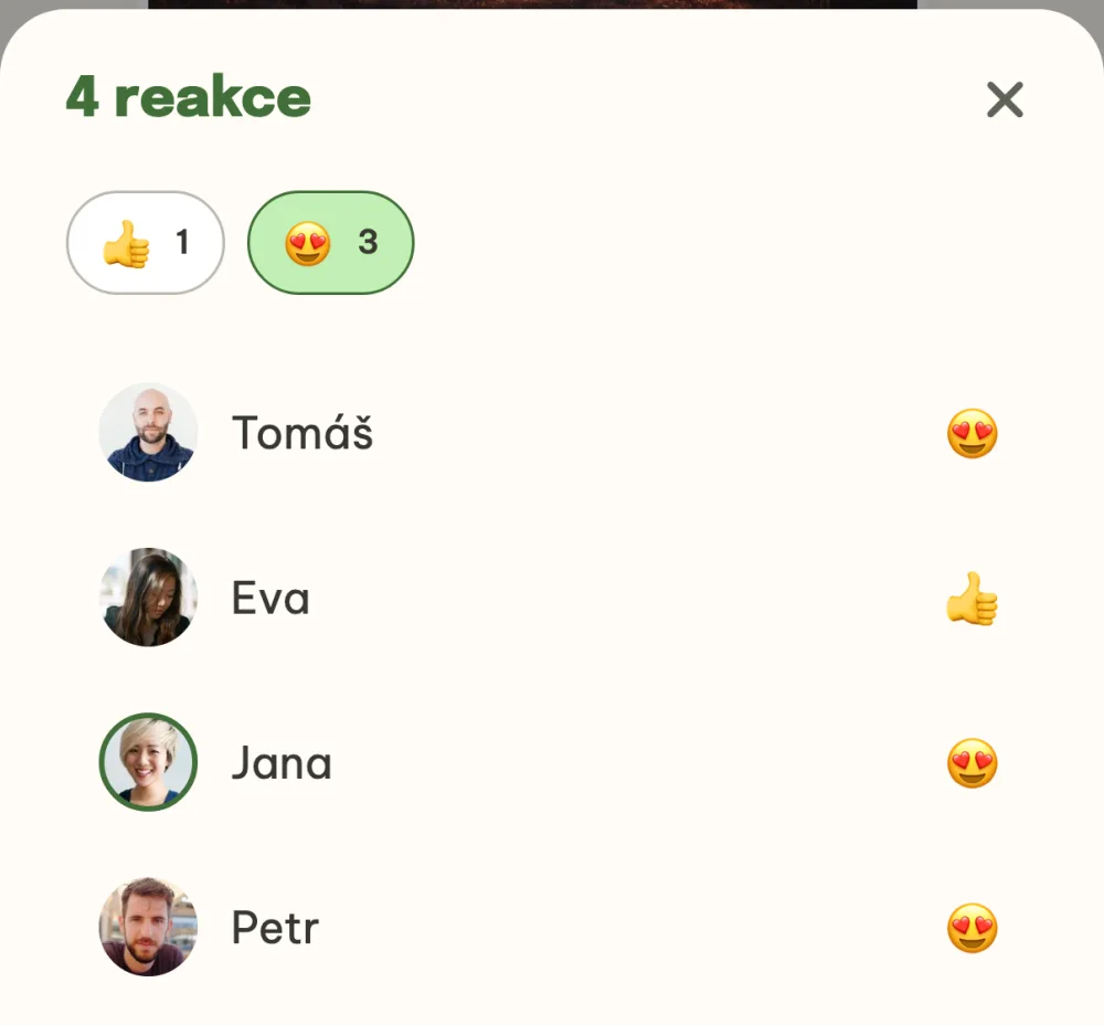 Přehled reakcí na fotku chaty se jmény kamarádů