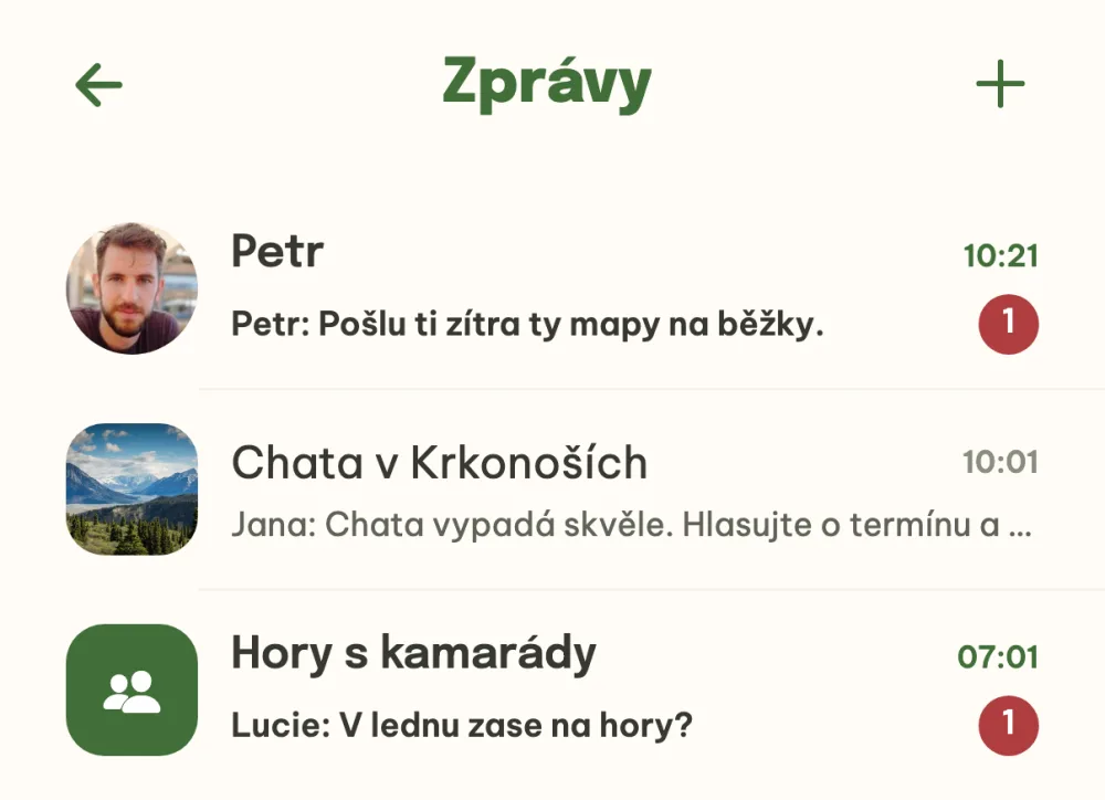 Zprávy s chatem akce, soukromou konverzací a skupinou