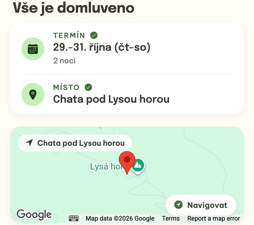 Vše je domluveno s termínem, místem a mapou s tlačítkem Navigovat