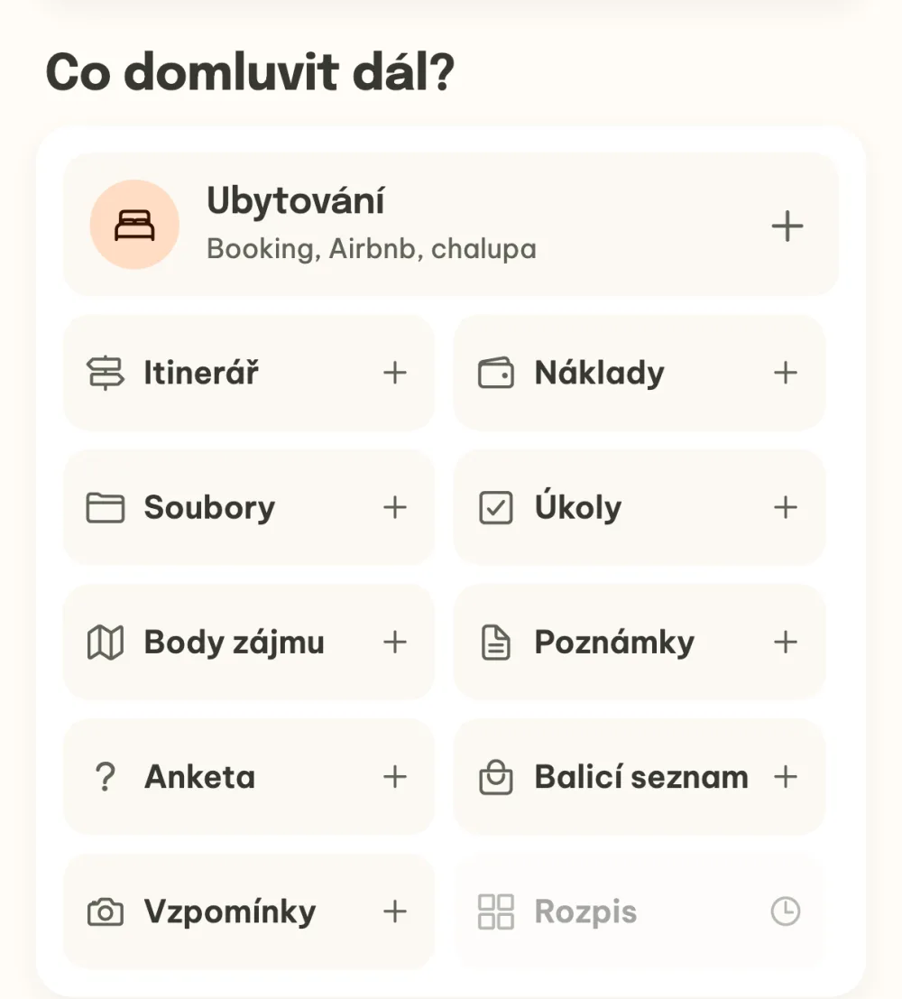 Panel Co domluvit dál? s dlaždicemi Ubytování, Náklady, Úkoly a dalšími