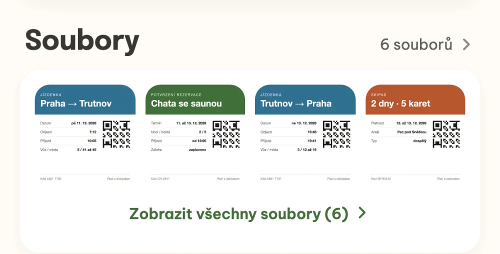Sekce Soubory v detailu akce s náhledy jízdenek, rezervace a skipasu