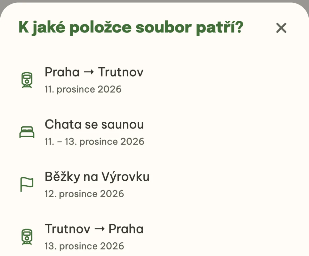 Okno K jaké položce soubor patří? s cestami, noclehem a výletem