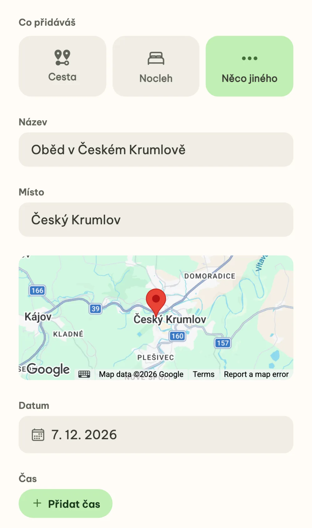 Nová položka Oběd v Českém Krumlově s místem na mapě a datem