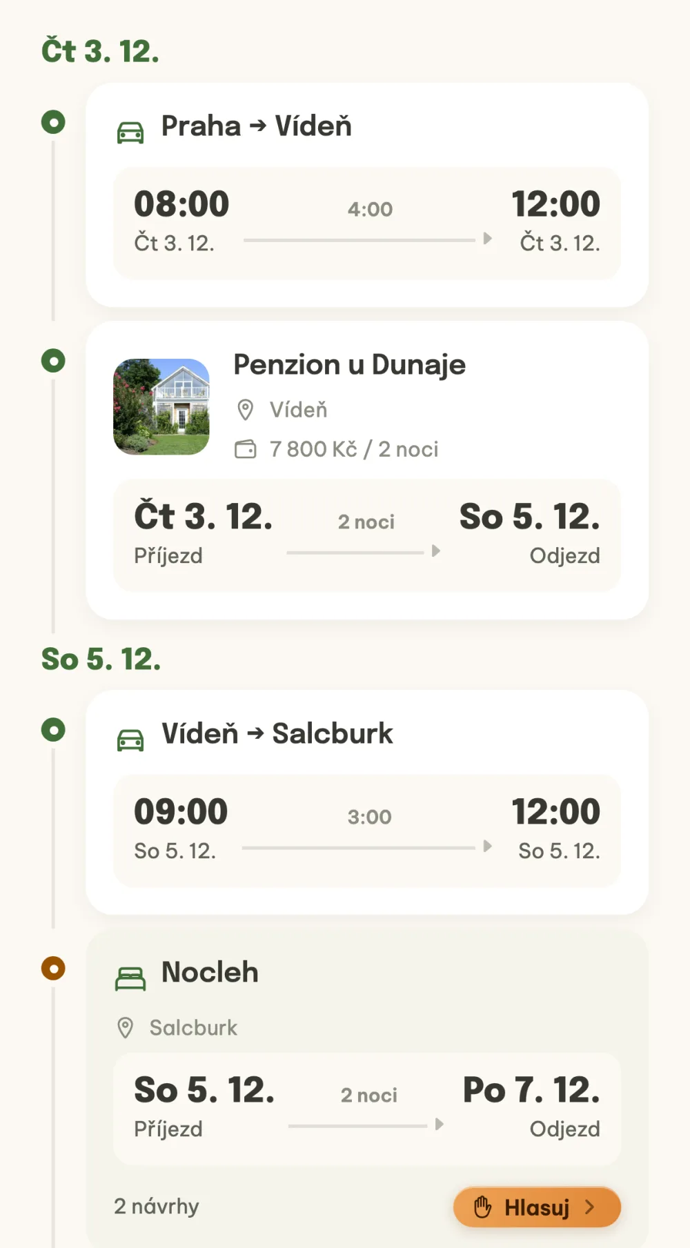 Osa itineráře s cestou do Vídně, potvrzeným noclehem, přejezdem do Salcburku a noclehem s tlačítkem Hlasuj