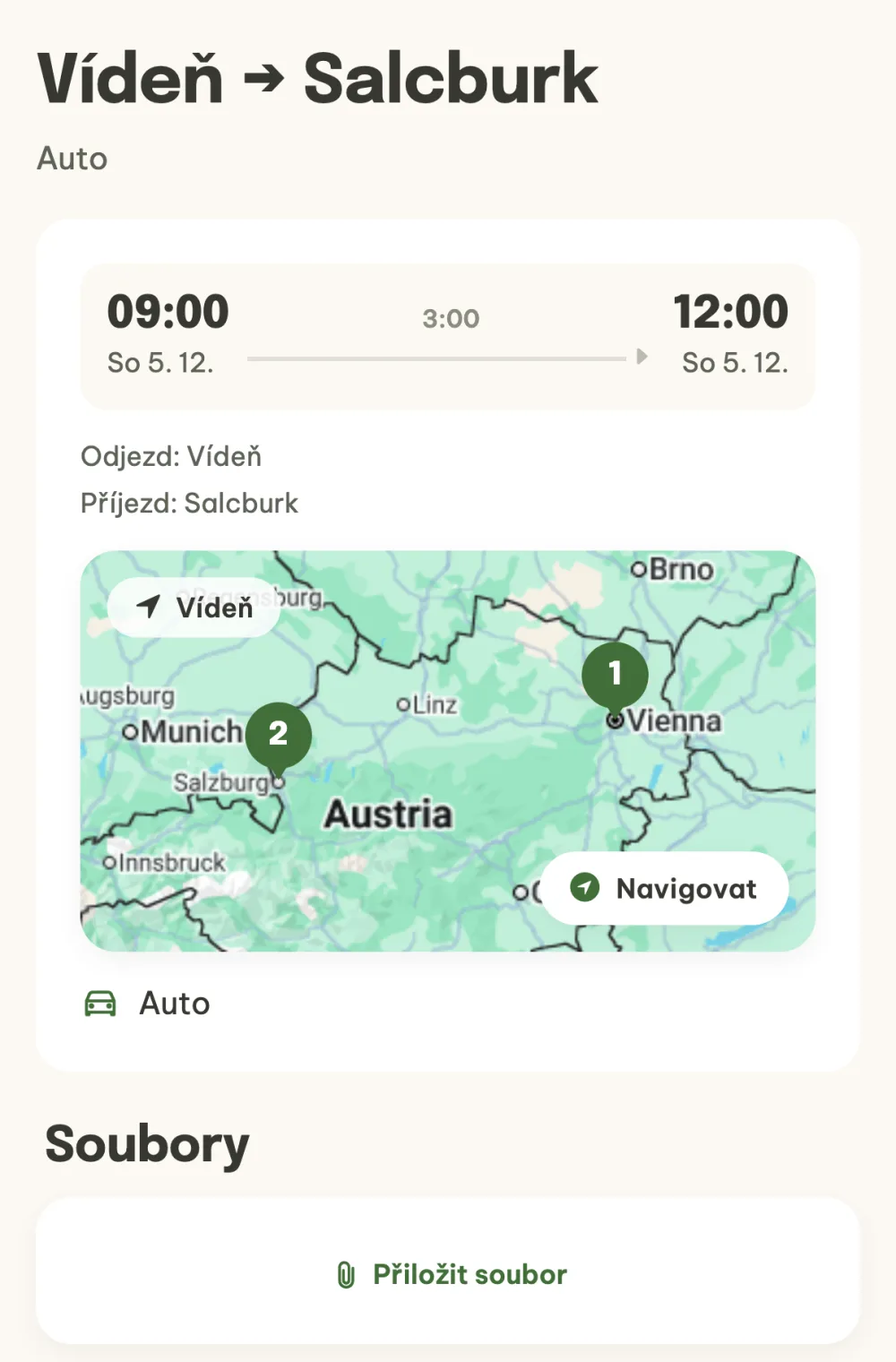 Detail cesty Vídeň → Salcburk s mapou trasy a sekcí Soubory