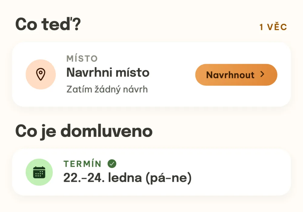 Sekce Co teď? s řádkem Navrhni místo a pod ní potvrzený termín