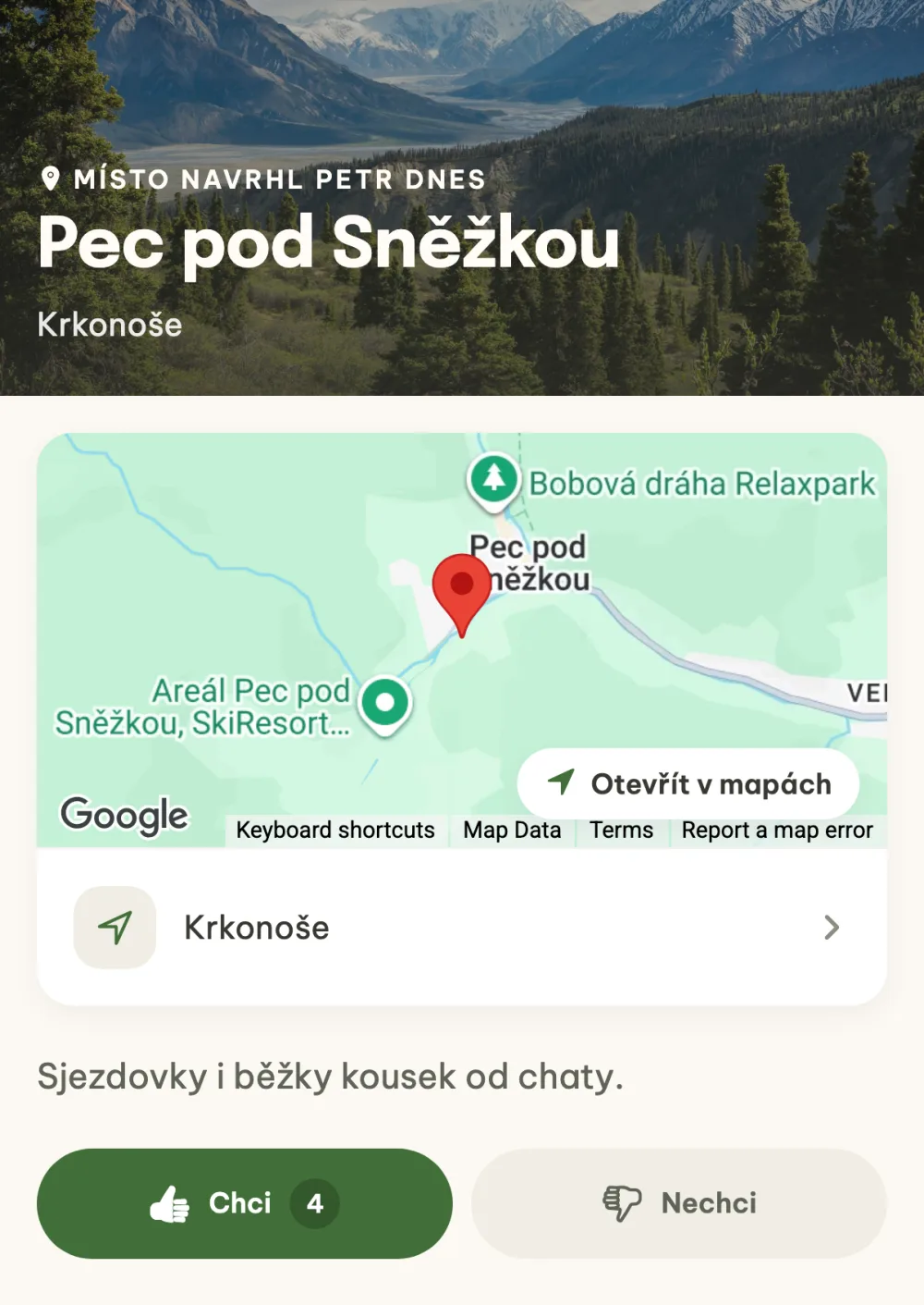 Detail místa s mapou, tlačítkem Otevřít v mapách a hlasováním Chci a Nechci