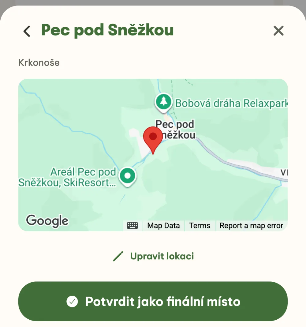 Potvrzení finálního místa Pec pod Sněžkou s náhledem na mapě