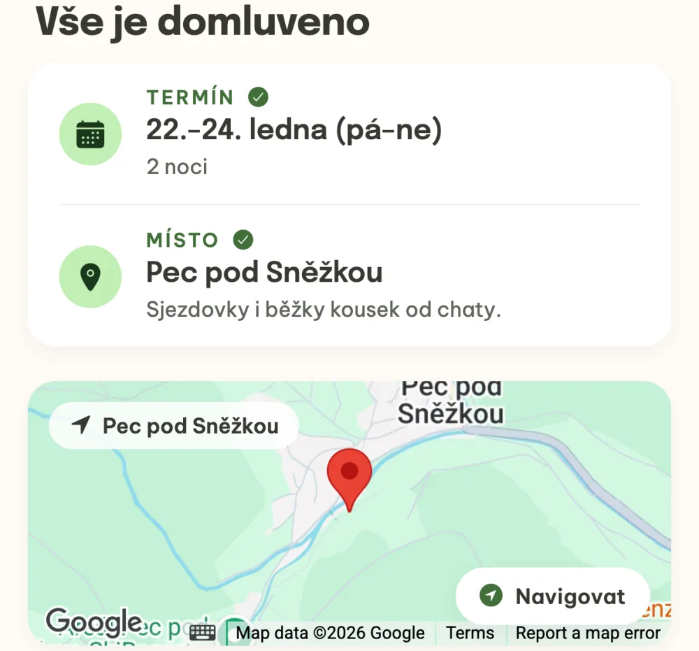 Sekce Vše je domluveno s termínem a místem a pod ní mapa s tlačítkem Navigovat