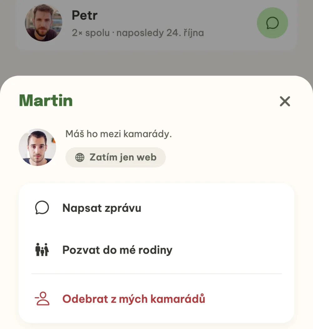 Profil kamaráda s Napsat zprávu a Pozvat do mé rodiny