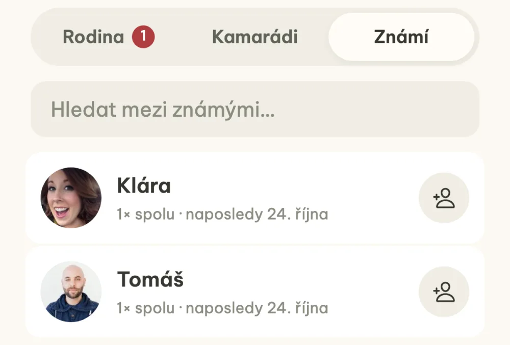 Záložka Známí se dvěma lidmi ze společné akce