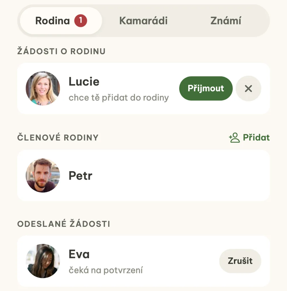 Záložka Rodina s žádostí, členem rodiny a odeslanou žádostí