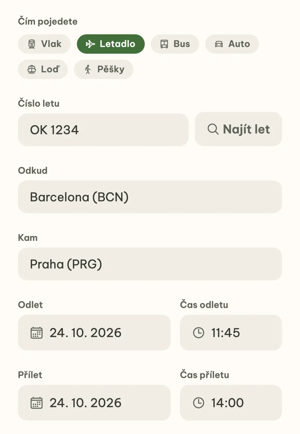 Nová cesta letadlem s číslem letu OK 1234 a doplněnými letišti Barcelona a Praha a časy