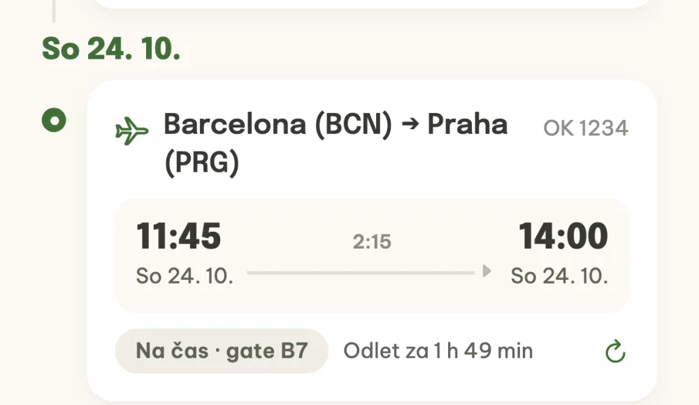Karta letu na ose se štítkem Na čas, gate B7 a odpočtem do odletu
