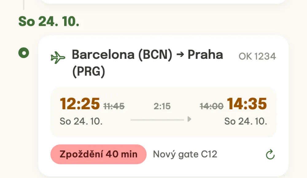 Karta letu se zpožděním 40 minut, novým časem odletu a novým gate C12