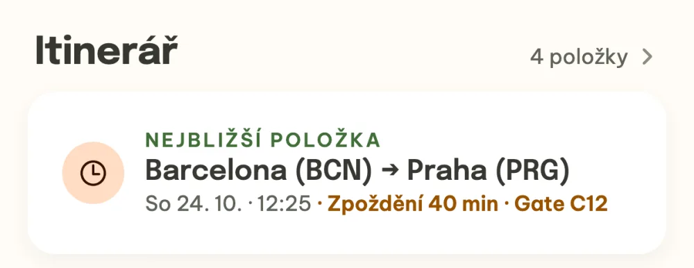 Nejbližší položka v detailu akce s ikonou zpoždění, novým časem a gate C12