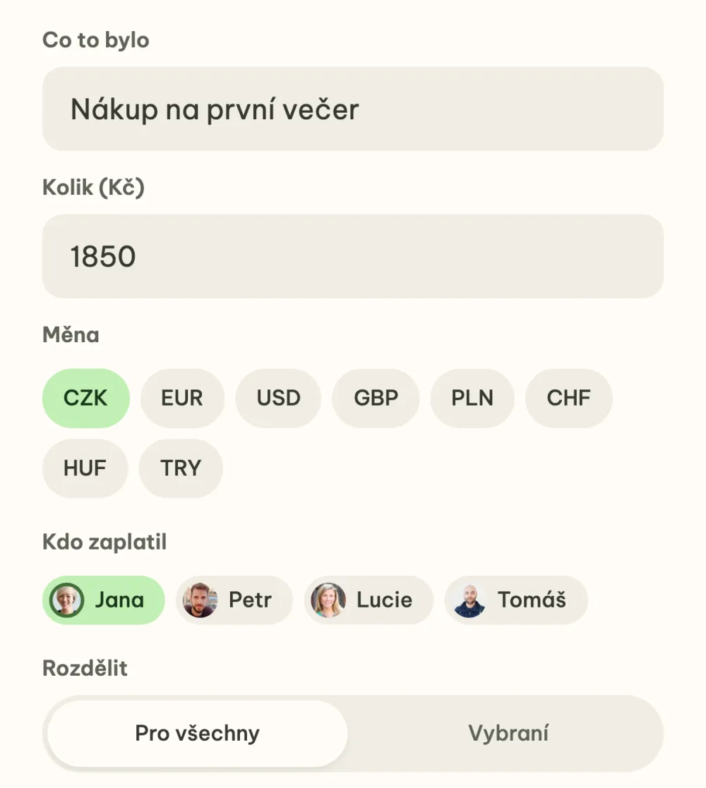 Formulář nového nákladu Nákup na první večer za 1 850 Kč pro všechny